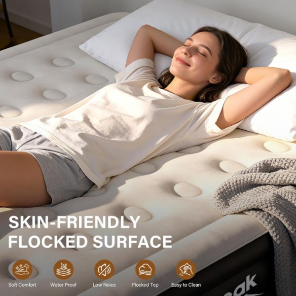 HiiPeak Queen Air Mattress – 16" Height, Built-in Wireless Pump, Suede Top for Home & Camping