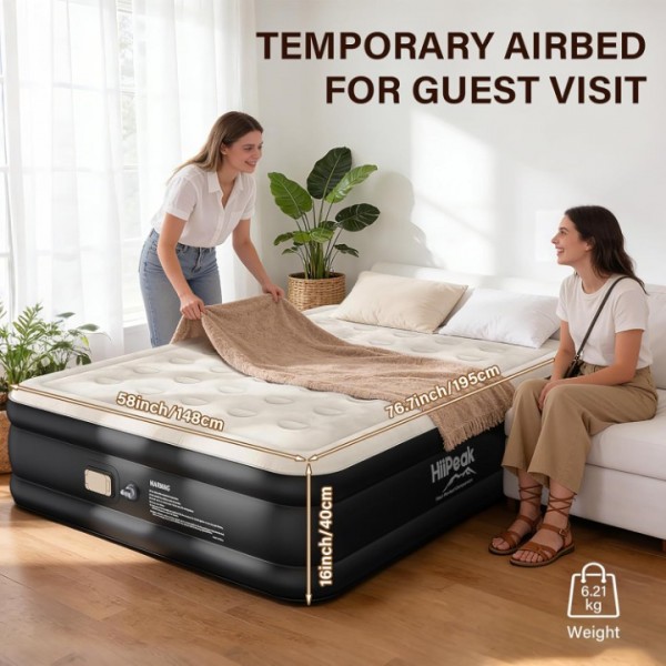 HiiPeak Queen Air Mattress – 16" Height, Built-in Wireless Pump, Suede Top for Home & Camping
