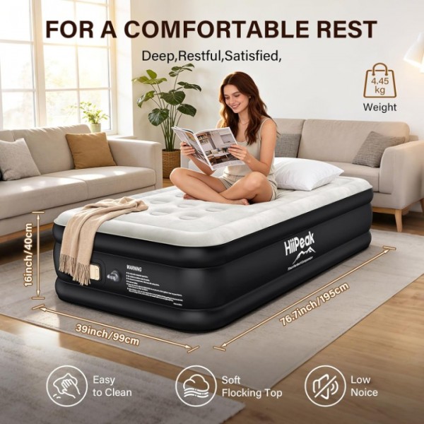 HiiPeak Luxury Twin Air Mattress with Built in Wireless Removable Pump, 16'' Height Single Air Bed for Camping, Guests and Home