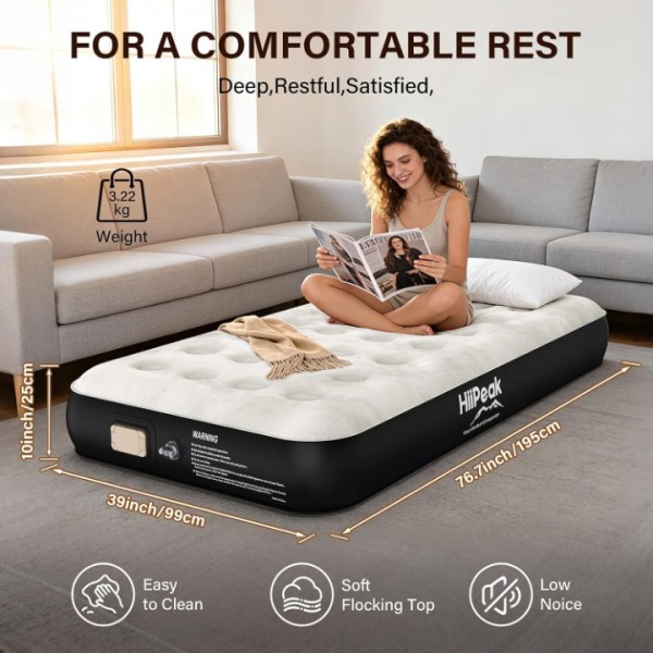 HiiPeak Luxury Twin Air Mattress with Built in Wireless Removable Pump, Single Air Mattress Soft Suede Topper Inflatable Mattress, Portable Air Bed for Camping, Guests, Home and Garden（10'' Height）