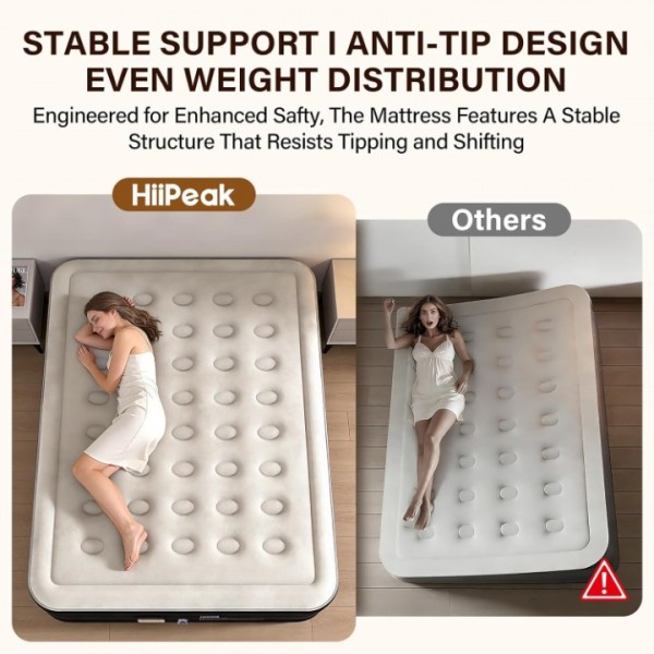HiiPeak Queen Air Mattress – 16" Height, Built-in Wireless Pump, Suede Top for Home & Camping