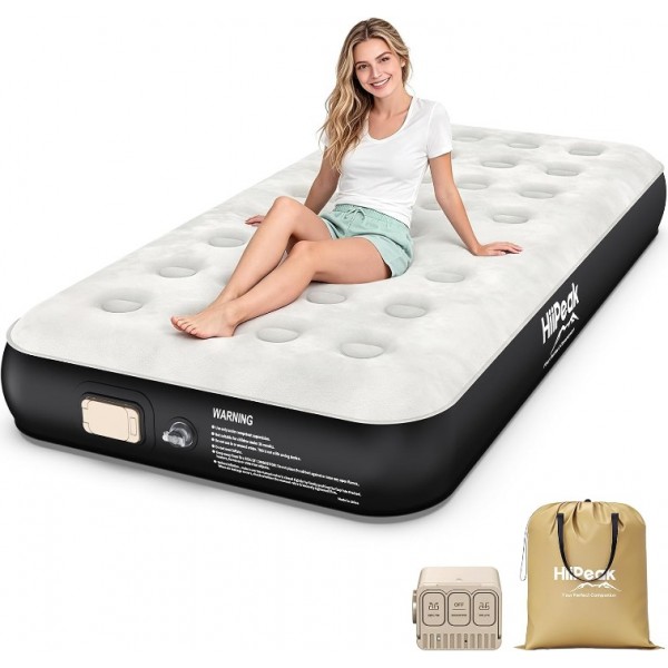 HiiPeak Luxury Twin Air Mattress with Built in Wireless Removable Pump, Single Air Mattress Soft Suede Topper Inflatable Mattress, Portable Air Bed for Camping, Guests, Home and Garden（10'' Height）