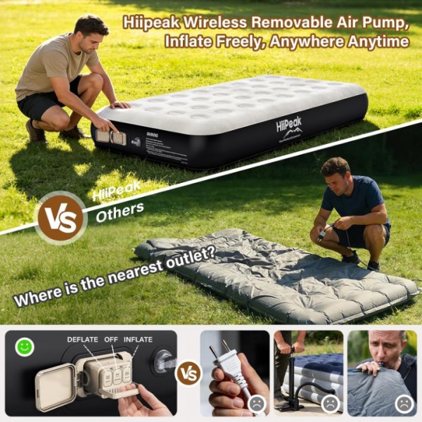 HiiPeak Luxury Twin Air Mattress with Built in Wireless Removable Pump, Single Air Mattress Soft Suede Topper Inflatable Mattress, Portable Air Bed for Camping, Guests, Home and Garden（10'' Height）