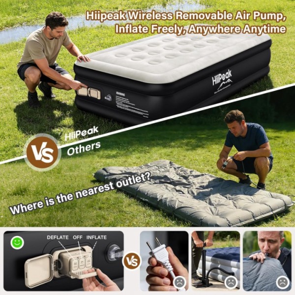 HiiPeak Queen Air Mattress – 16" Height, Built-in Wireless Pump, Suede Top for Home & Camping