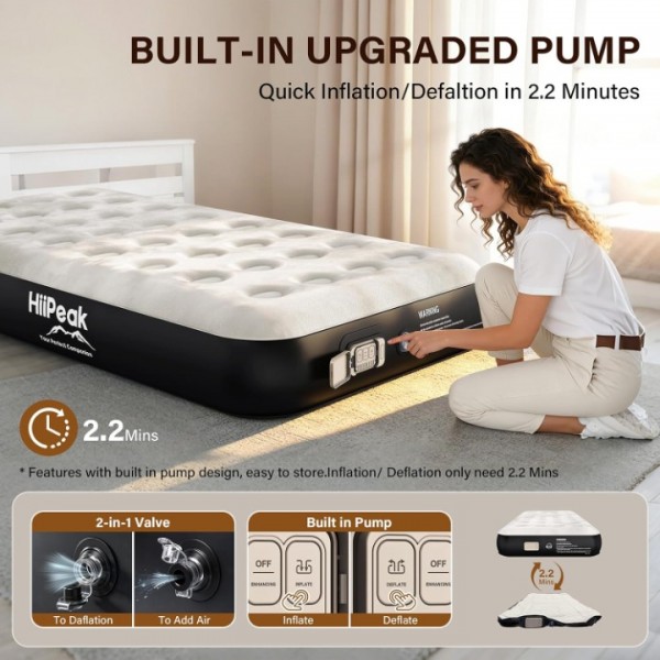 HiiPeak Luxury Twin Air Mattress with Built in Wireless Removable Pump, Single Air Mattress Soft Suede Topper Inflatable Mattress, Portable Air Bed for Camping, Guests, Home and Garden（10'' Height）