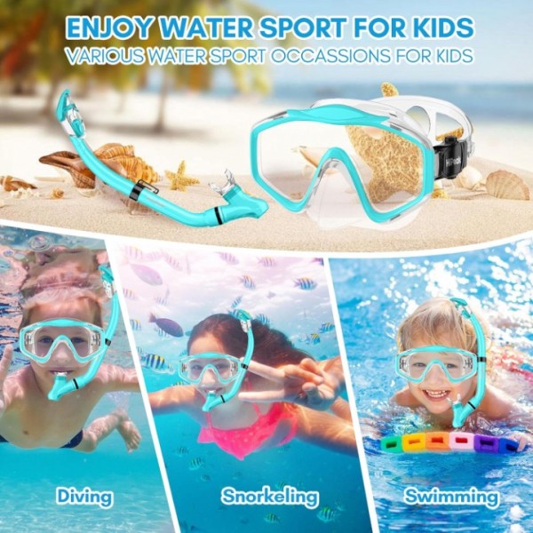 HiiPeak Kids Snorkel Set, Dry Top Snorkel Mask Snorkelling Package, Snorkelling Diving Mask with Breathing Tube Panoramic View Tempered Glass Anti-Fog, Children Swimming Goggles,Snorkeling Gear (Blue)