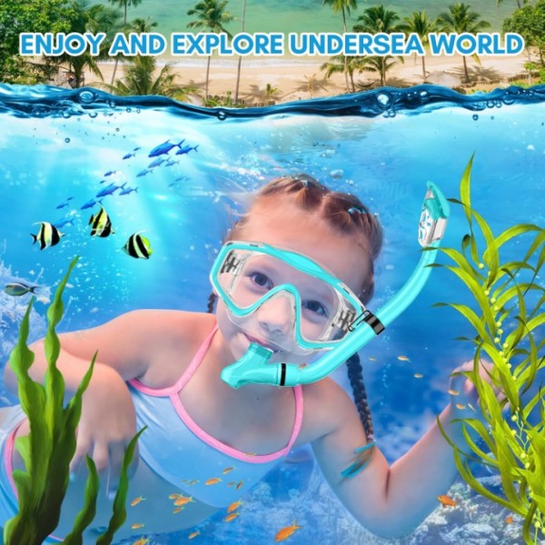 HiiPeak Kids Snorkel Set, Dry Top Snorkel Mask Snorkelling Package, Snorkelling Diving Mask with Breathing Tube Panoramic View Tempered Glass Anti-Fog, Children Swimming Goggles,Snorkeling Gear (Blue)
