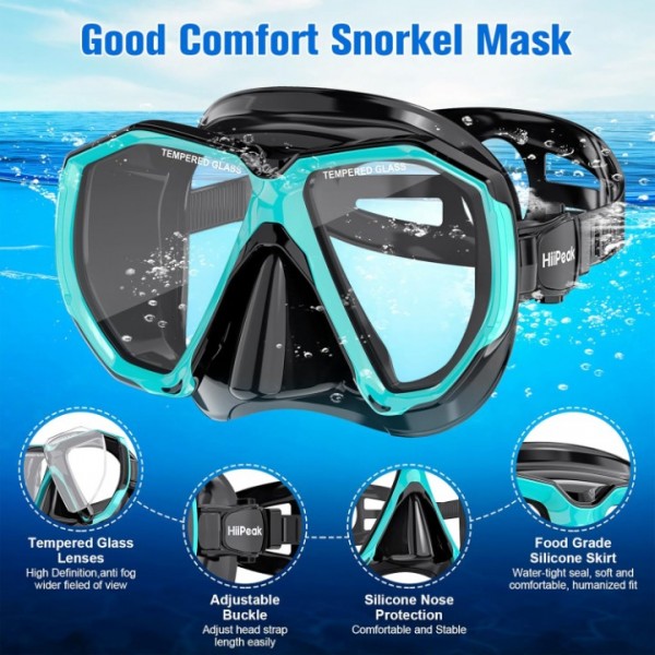 HiiPeak Snorkeling Gear for Adults, Dry Snorkel Set, Panoramic Wide View, Diving Scuba Mask Snorkel Set, Swimming Glasses Nose Cover Youth Diving Goggles (Blue)