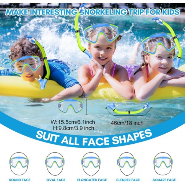 HiiPeak Kids Snorkel Set, Dry Top Snorkel Mask Snorkelling Package, Snorkelling Diving Mask with Breathing Tube Panoramic View Tempered Glass Anti-Fog, Children Swimming Goggles,Snorkeling Gear (YellowBlue）