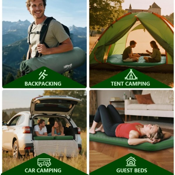 HiiPeak Memory Sleeping Pad, Compact Thick Foam Sleeping Mats with Pillow, 9.5 R-Value Insulated Camping Mattress Pad, Easy Inflate & Deflate, Inflatable Sleep Mat for Backpacking Hiking Car Tent (Green)