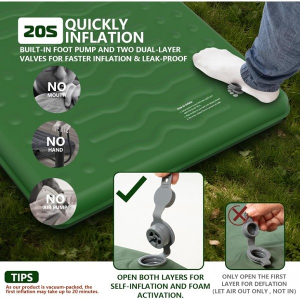 HiiPeak Memory Sleeping Pad, Compact Thick Foam Sleeping Mats with Pillow, 9.5 R-Value Insulated Camping Mattress Pad, Easy Inflate & Deflate, Inflatable Sleep Mat for Backpacking Hiking Car Tent (Green)