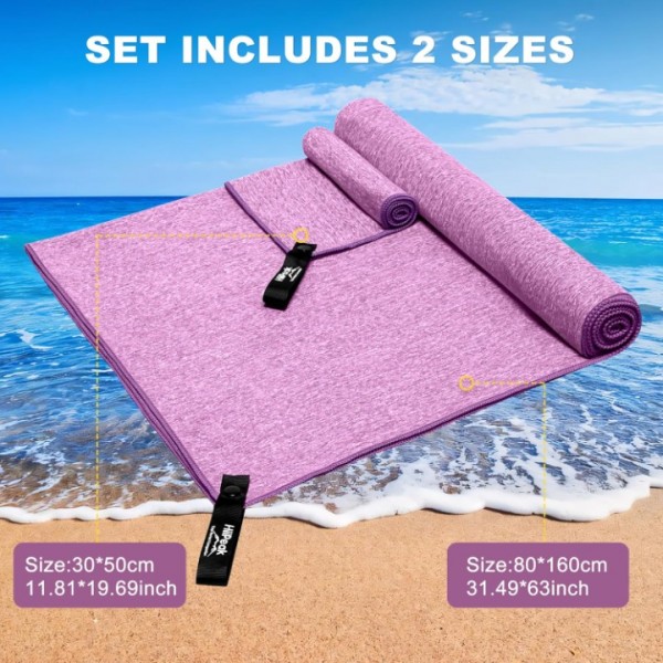 HiiPeak Microfibre Towel 2 pack（160x80+50x30cm） Compact Gym towel Camping Beach Towel - Quick Dry Lightweight Absorbent Sports Gym Swimming Hiking Drying Towel for Men,Women (Purple)