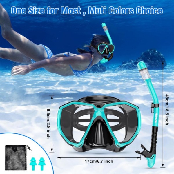 HiiPeak Snorkeling Gear for Adults, Dry Snorkel Set, Panoramic Wide View, Diving Scuba Mask Snorkel Set, Swimming Glasses Nose Cover Youth Diving Goggles (Blue)