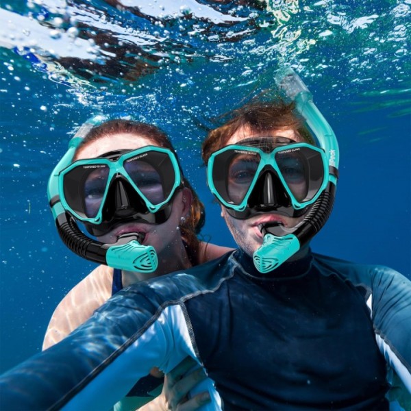 HiiPeak Snorkeling Gear for Adults, Dry Snorkel Set, Panoramic Wide View, Diving Scuba Mask Snorkel Set, Swimming Glasses Nose Cover Youth Diving Goggles (Blue)