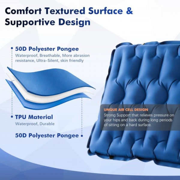 HiiPeak Inflatable Seat Cushion, Lightweight Compact Stadium Seat Pad Camping Air Seat Cushion for Airplane Travel Bleachers Backpacking Hiking Office Car Sports Events Concert (Blue)