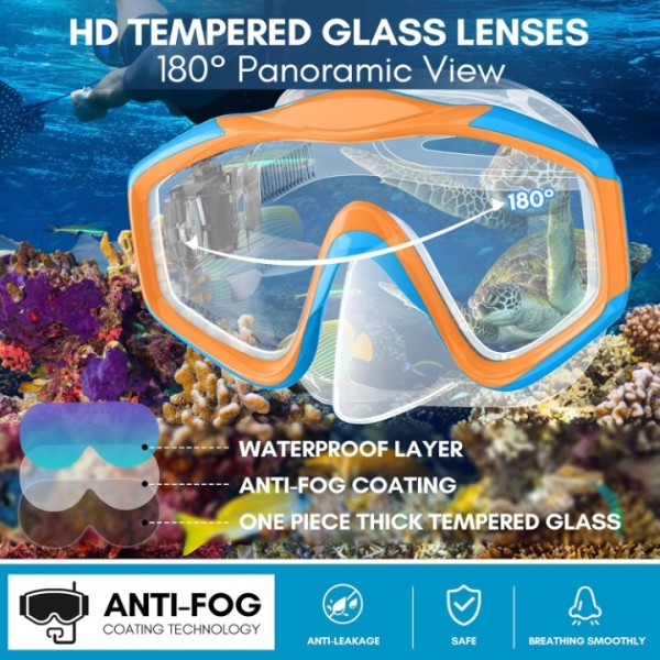 HiiPeak Kids Snorkel Set, Dry Top Snorkel Mask Snorkelling Package, Snorkelling Diving Mask with Breathing Tube Panoramic View Tempered Glass Anti-Fog, Children Swimming Goggles,Snorkeling Gear-BlueOrange