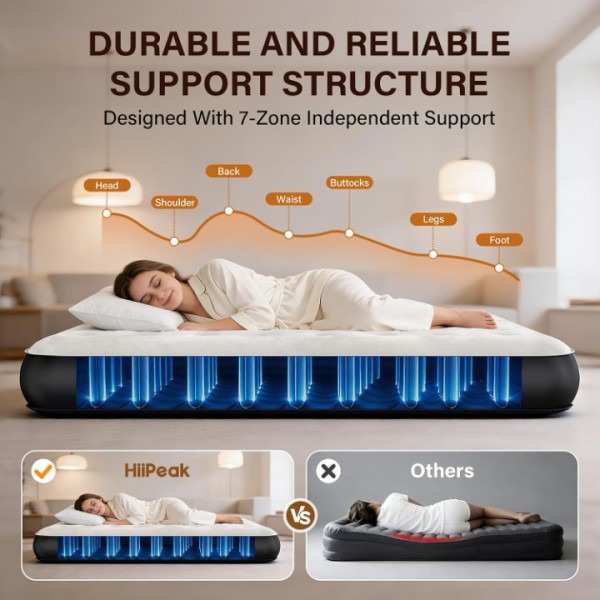 HiiPeak Queen Air Mattress – Built-in Wireless Pump, Suede Top, Inflatable Bed for Camping, Guests & Home Use