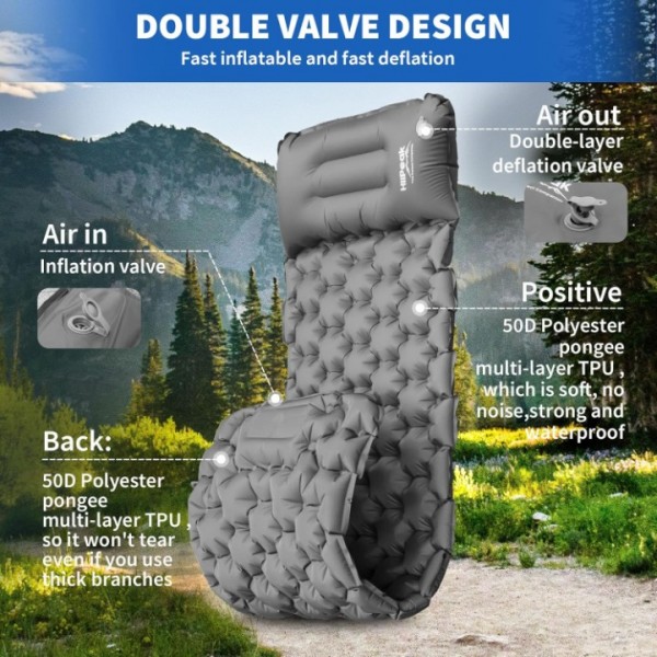 HiiPeak Camping Sleeping Pad, Ultralight Camping Mat with Pillow Built-in Foot Pump Inflatable Sleeping Pads Compact for Backpacking Hiking Traveling Tent (Gray)