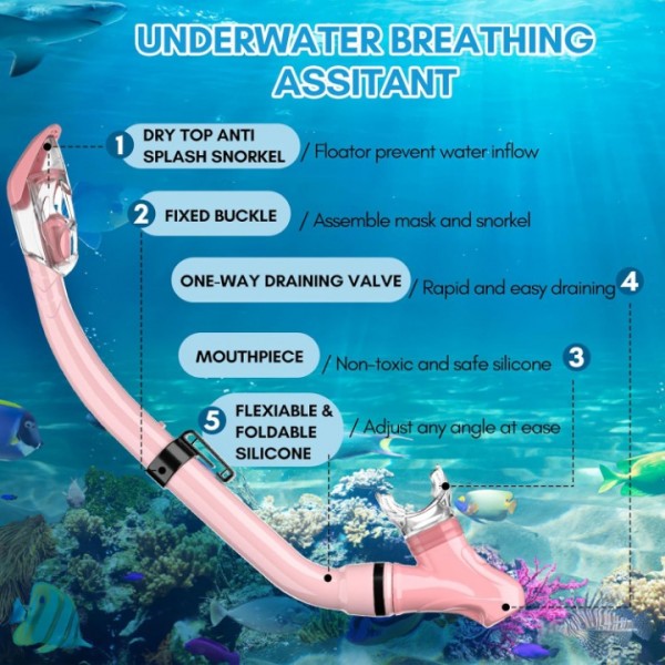 HiiPeak Kids Snorkel Set, Dry Top Snorkel Mask Snorkelling Package, Snorkelling Diving Mask with Breathing Tube Panoramic View Tempered Glass Anti-Fog, Children Swimming Goggles,Snorkeling Gear-Pink