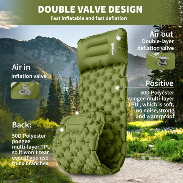 HiiPeak Sleeping Pad for Camping- Ultralight Inflatable Sleeping Mat with Built-in Foot Pump & Pillow, Upgraded Compact Camping Air Mattress for Tent, Backpacking, Hiking（Green）