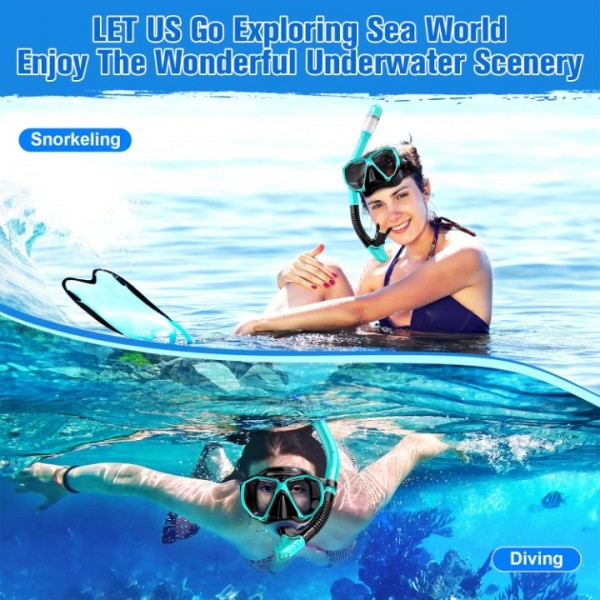 HiiPeak Snorkeling Gear for Adults, Dry Snorkel Set, Panoramic Wide View, Diving Scuba Mask Snorkel Set, Swimming Glasses Nose Cover Youth Diving Goggles (Blue)