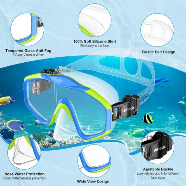 HiiPeak Kids Snorkel Set, Dry Top Snorkel Mask Snorkelling Package, Snorkelling Diving Mask with Breathing Tube Panoramic View Tempered Glass Anti-Fog, Children Swimming Goggles,Snorkeling Gear (YellowBlue）