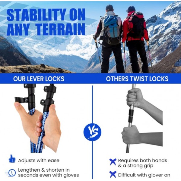 Hiipeak Lightweight Trekking Poles - 2 Pack Adjustable Hiking Sticks- Collapsible Walking Poles - Cork Grip- Aluminum 7075-Quick Flip-Lock for Hiking, Camping & Backpacking