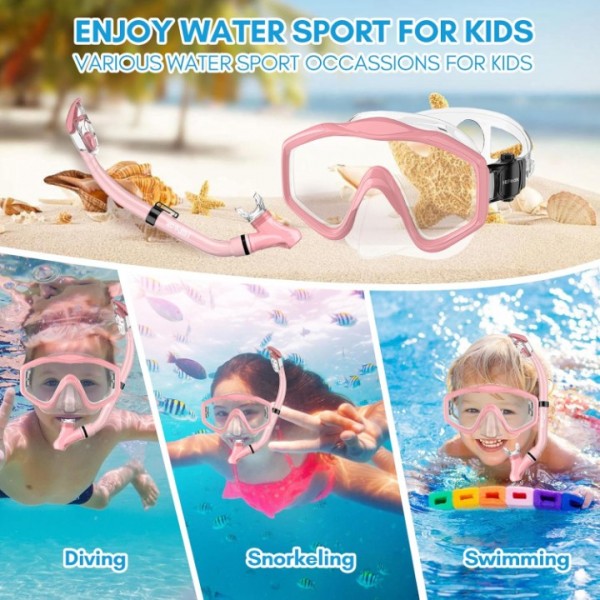 HiiPeak Kids Snorkel Set, Dry Top Snorkel Mask Snorkelling Package, Snorkelling Diving Mask with Breathing Tube Panoramic View Tempered Glass Anti-Fog, Children Swimming Goggles,Snorkeling Gear-Pink
